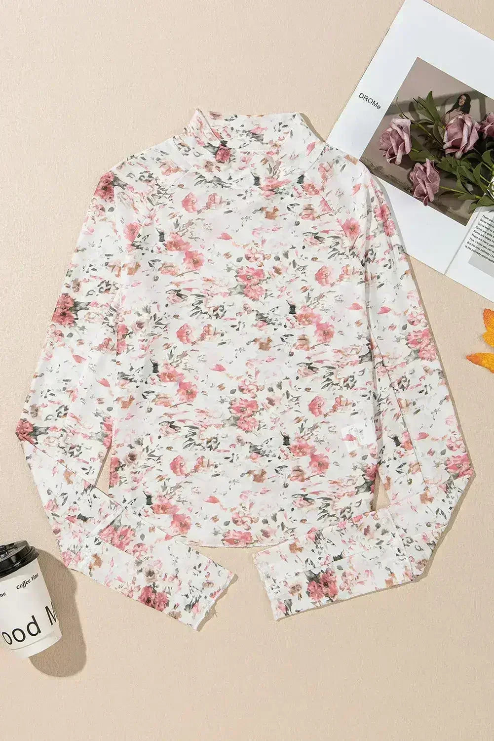 Pink Floral High Neck Sheath Mesh Top - Elegant & Stretchy | Femstylo