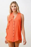 Silk Sleeveless Ruffle Blouse - Asymmetrical Button-Up Top in Orange & Blue | Femstylo
