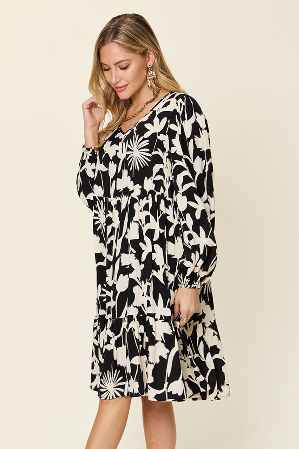 Double Take Full Size Printed Ruffle Hem Dress with Pocket Stylish & Functional Women Dress