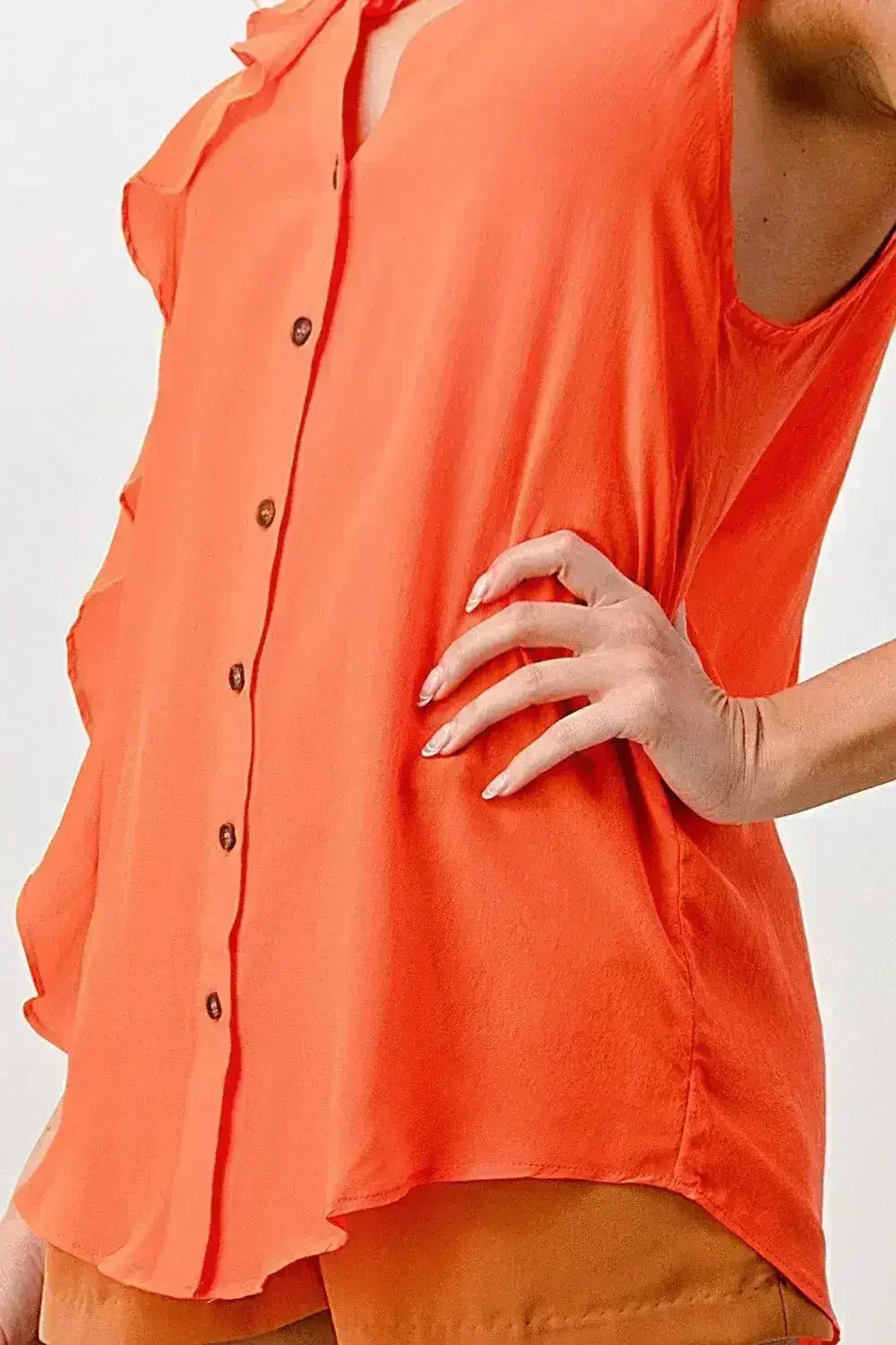 Silk Sleeveless Ruffle Blouse - Asymmetrical Button-Up Top in Orange & Blue | Femstylo