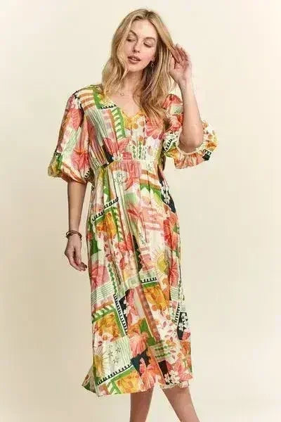 Floral V-Neck Puff Sleeve Summer Midi Dress – femstylo