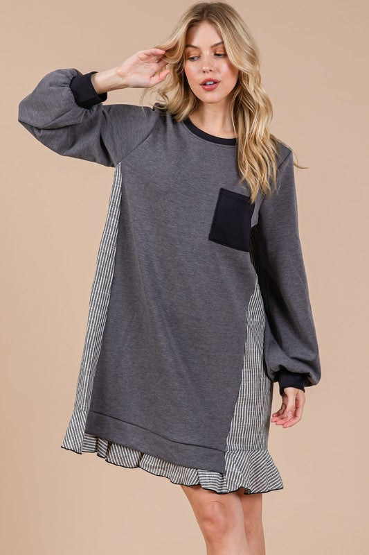 Striped Patchwork Round Neck Terry Sweatshirt Dress For Women – Casual, Trendy, Cozy, Playful, Relaxed Vibe for Everyday Wear
