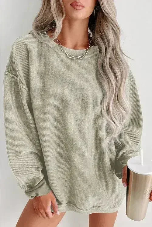 Green Ribbed Knit Sweatshirt - Round Neck Pullover | Femstylo
