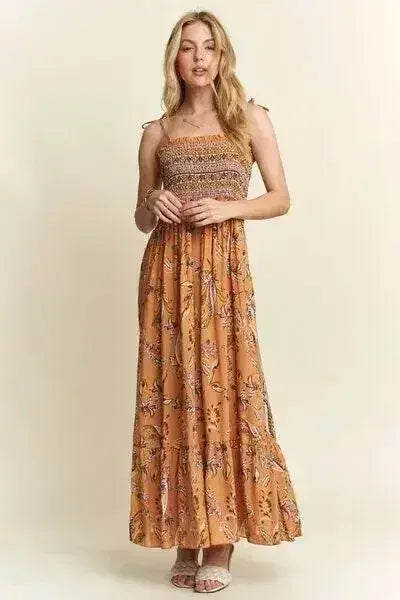 Square Neck Tie Shoulder Dress - Smocked & Floral | Femstylo