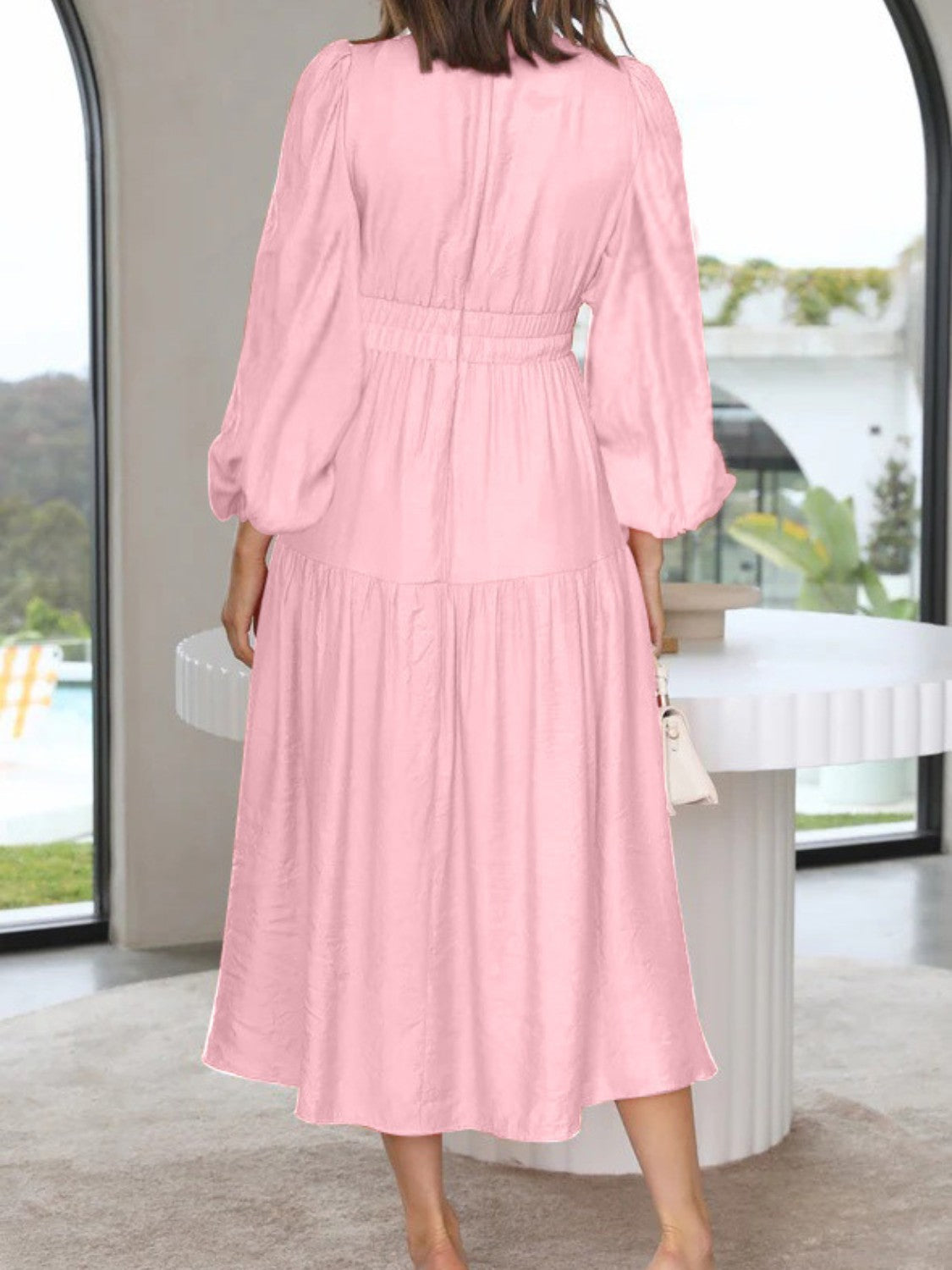 Lightweight Deep V-Neck Balloon Sleeve Maxi Dress Elegant & Flowing Silhouette Unique Dress