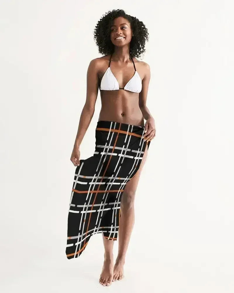 Sheer Sarong Swimsuit Cover Up Wrap / Black and Orange Plaid