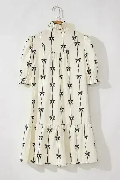 Frill Bow Print Notched Short Sleeve Mini Dress