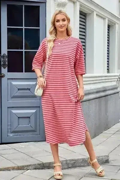 Lovelet Contrast Striped Half Sleeve Midi Tee Dress