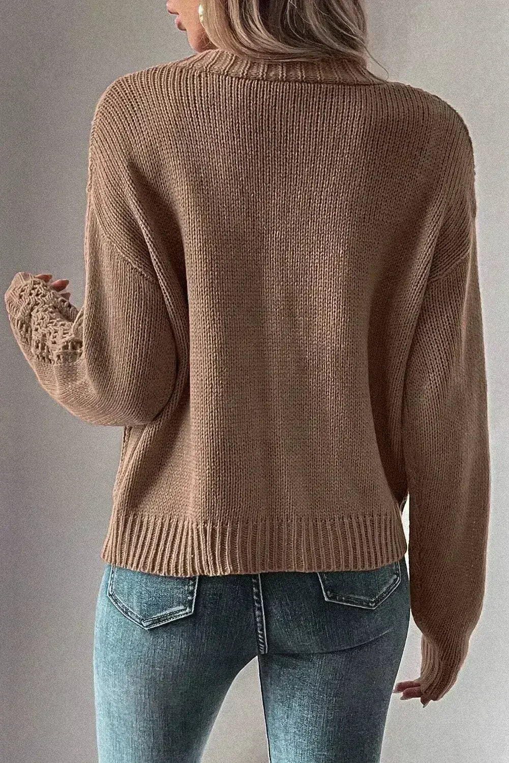 Dark Khaki Cardigan – Open Knit Drop Shoulder Sweater | Cotton-Acrylic Blend