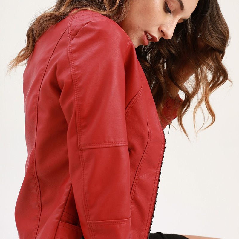Fitted Moto Jacket | Stand Collar Faux Leather Biker Jacket(MS246)