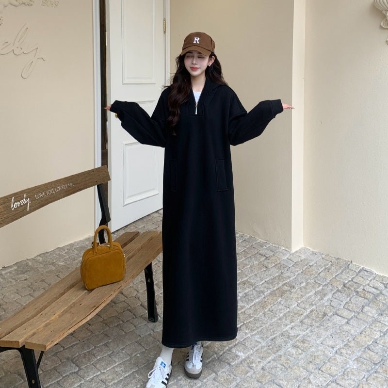 Fleece-Lined Hooded Maxi Sweatshirt Dress | Thick Winter Loungewear Dress(MS181)