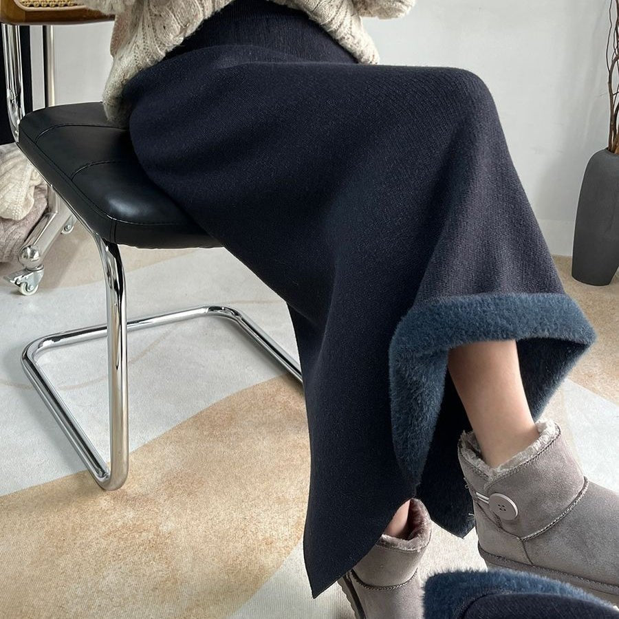 Winter Fleece Midi Skirt | Warm Knit High-Waist Skirt with Side Slit (MS207)