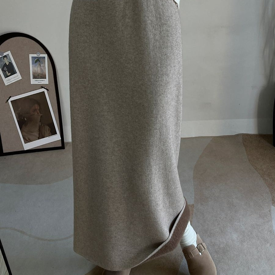 Winter Fleece Midi Skirt | Warm Knit High-Waist Skirt with Side Slit (MS207)