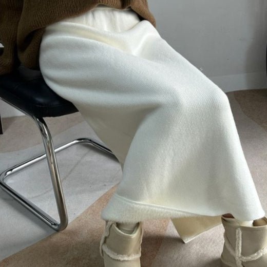 Winter Fleece Midi Skirt | Warm Knit High-Waist Skirt with Side Slit (MS207)
