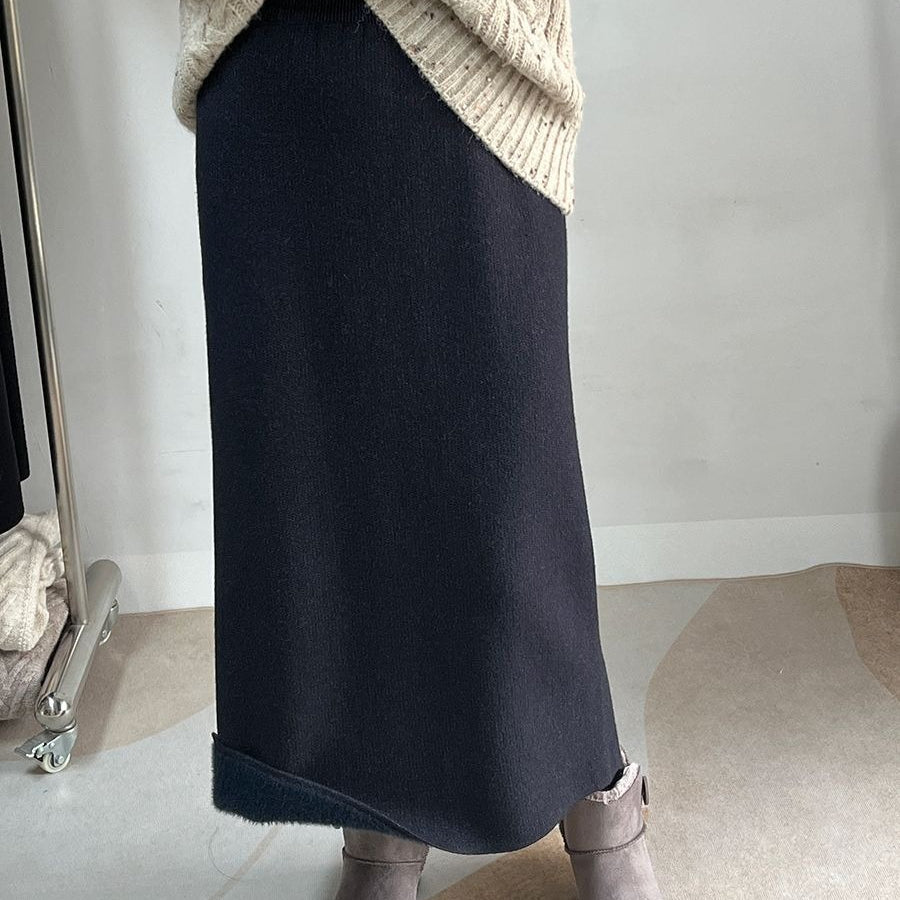 Winter Fleece Midi Skirt | Warm Knit High-Waist Skirt with Side Slit (MS207)