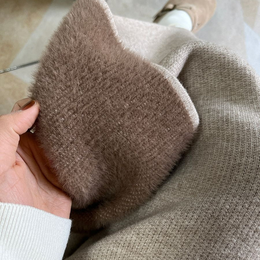 Winter Fleece Midi Skirt | Warm Knit High-Waist Skirt with Side Slit (MS207)
