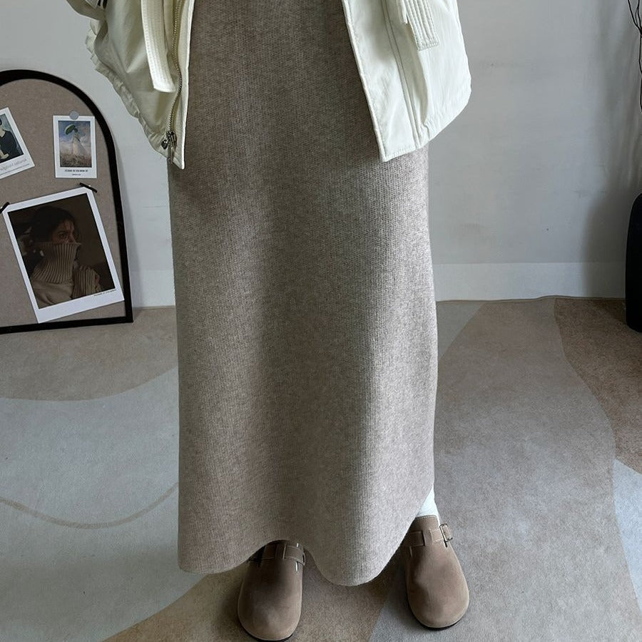 Winter Fleece Midi Skirt | Warm Knit High-Waist Skirt with Side Slit (MS207)