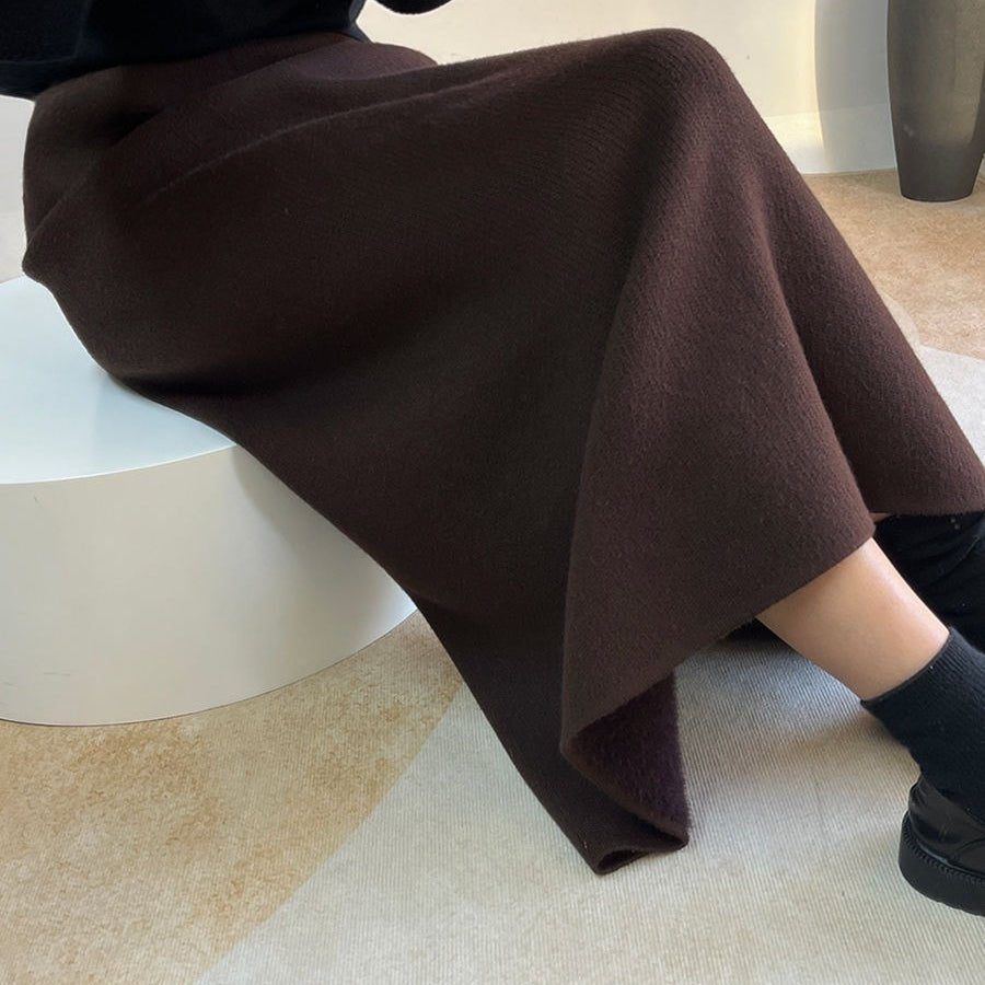Winter Fleece Midi Skirt | Warm Knit High-Waist Skirt with Side Slit (MS207)