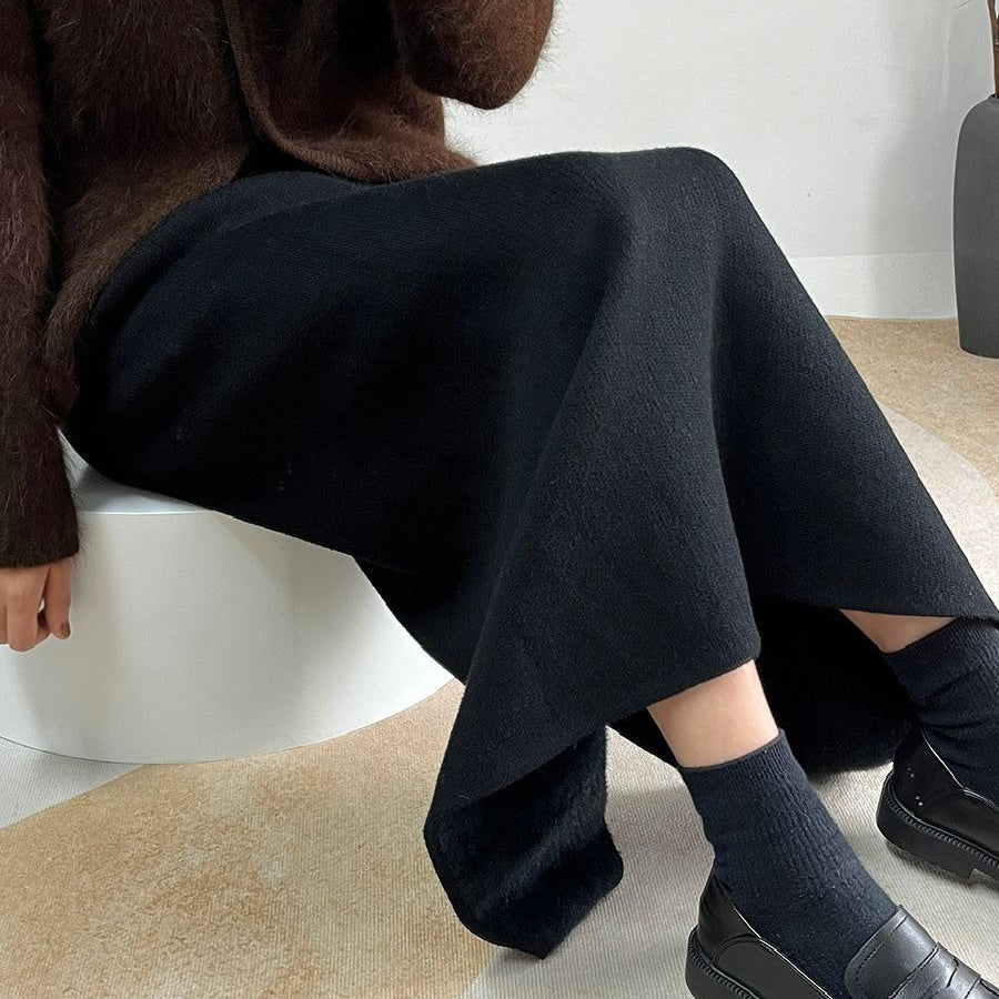Winter Fleece Midi Skirt | Warm Knit High-Waist Skirt with Side Slit (MS207)