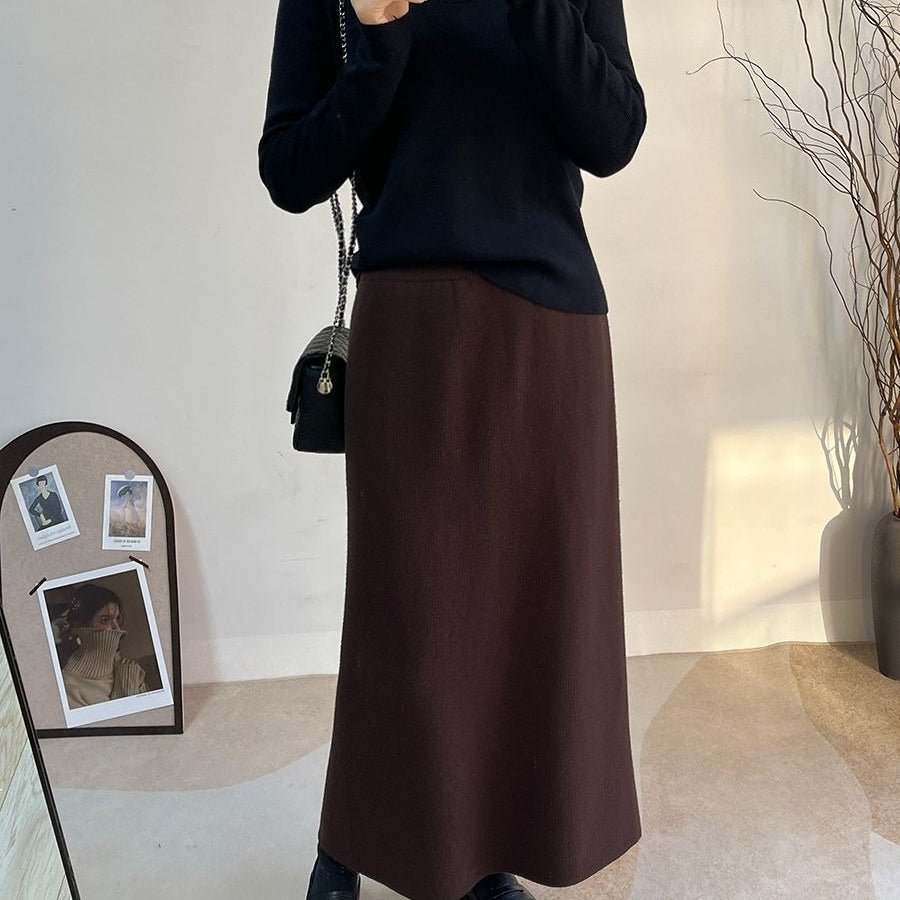 Winter Fleece Midi Skirt | Warm Knit High-Waist Skirt with Side Slit (MS207)