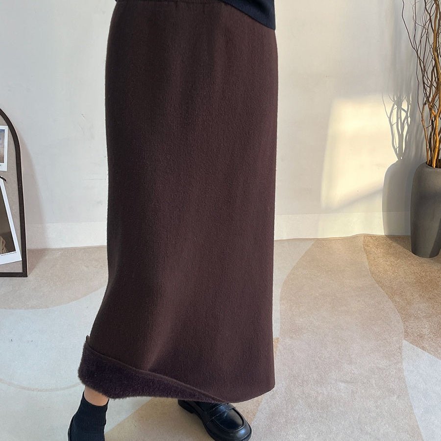 Winter Fleece Midi Skirt | Warm Knit High-Waist Skirt with Side Slit (MS207)