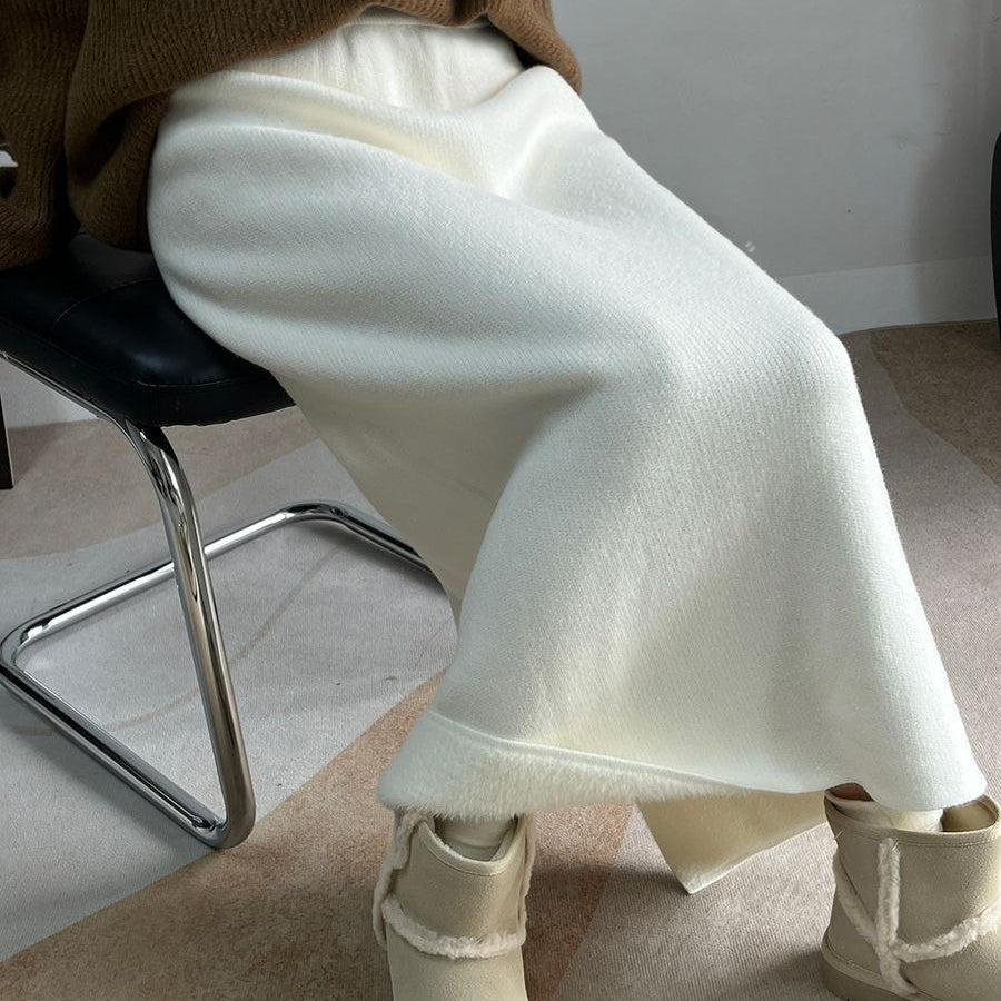 Winter Fleece Midi Skirt | Warm Knit High-Waist Skirt with Side Slit (MS207)