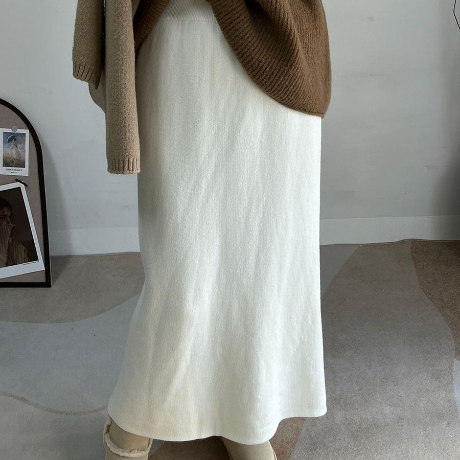 Winter Fleece Midi Skirt | Warm Knit High-Waist Skirt with Side Slit (MS207)