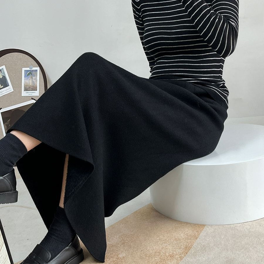 Winter Fleece Midi Skirt | Warm Knit High-Waist Skirt with Side Slit (MS207)
