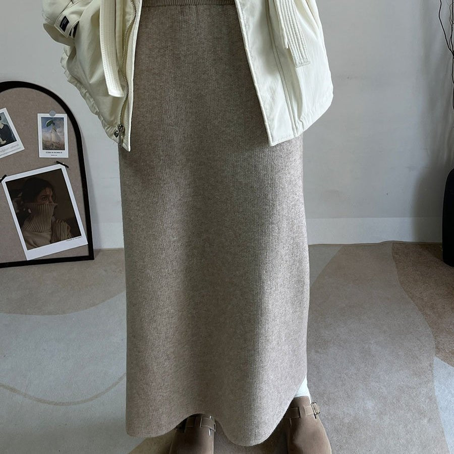 Winter Fleece Midi Skirt | Warm Knit High-Waist Skirt with Side Slit (MS207)
