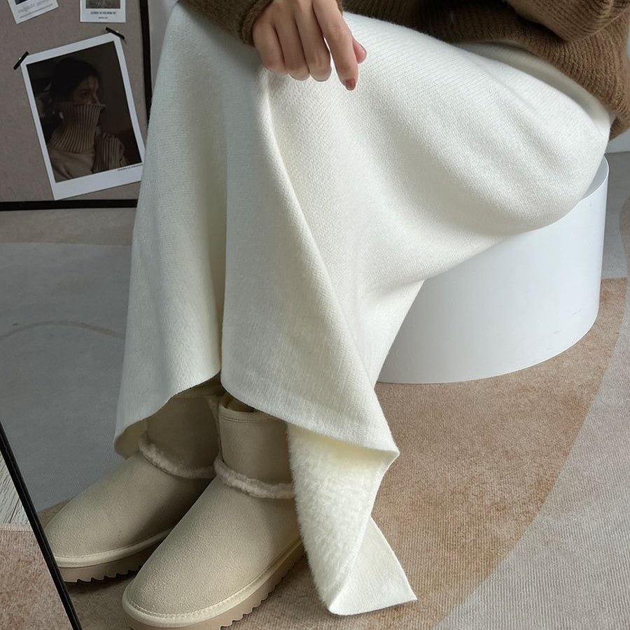 Winter Fleece Midi Skirt | Warm Knit High-Waist Skirt with Side Slit (MS207)
