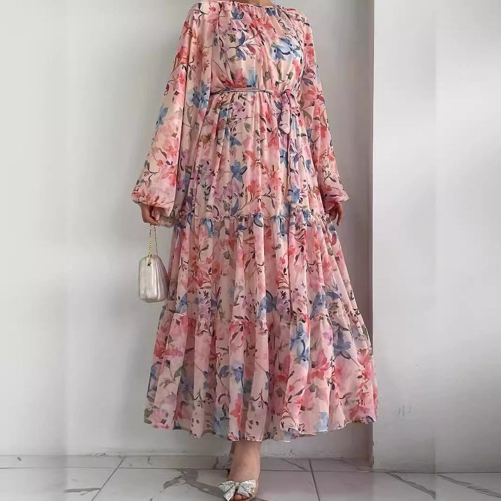 Floral Chiffon Dress with Tiered Ruffle Skirt(MA401)