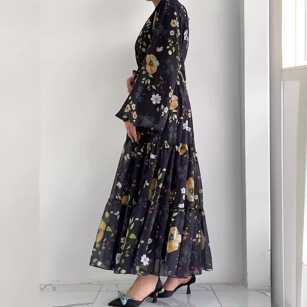 Floral Chiffon Dress with Tiered Ruffle Skirt(MA401)