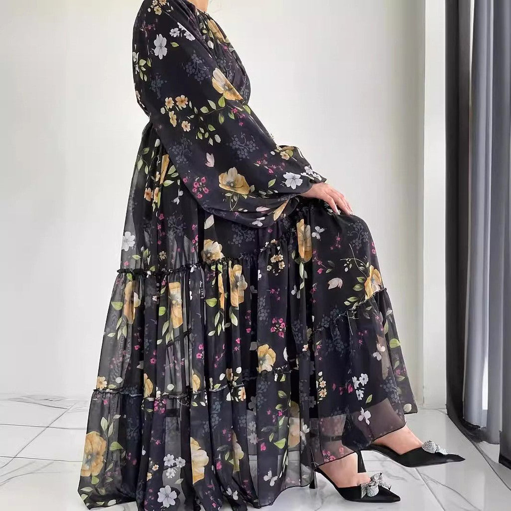 Floral Chiffon Dress with Tiered Ruffle Skirt(MA401)