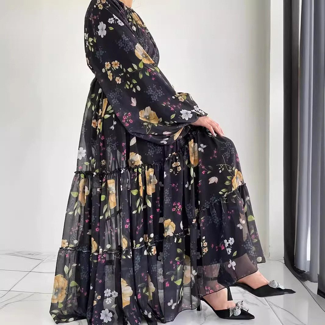 Floral Chiffon Dress with Tiered Ruffle Skirt(MA401)