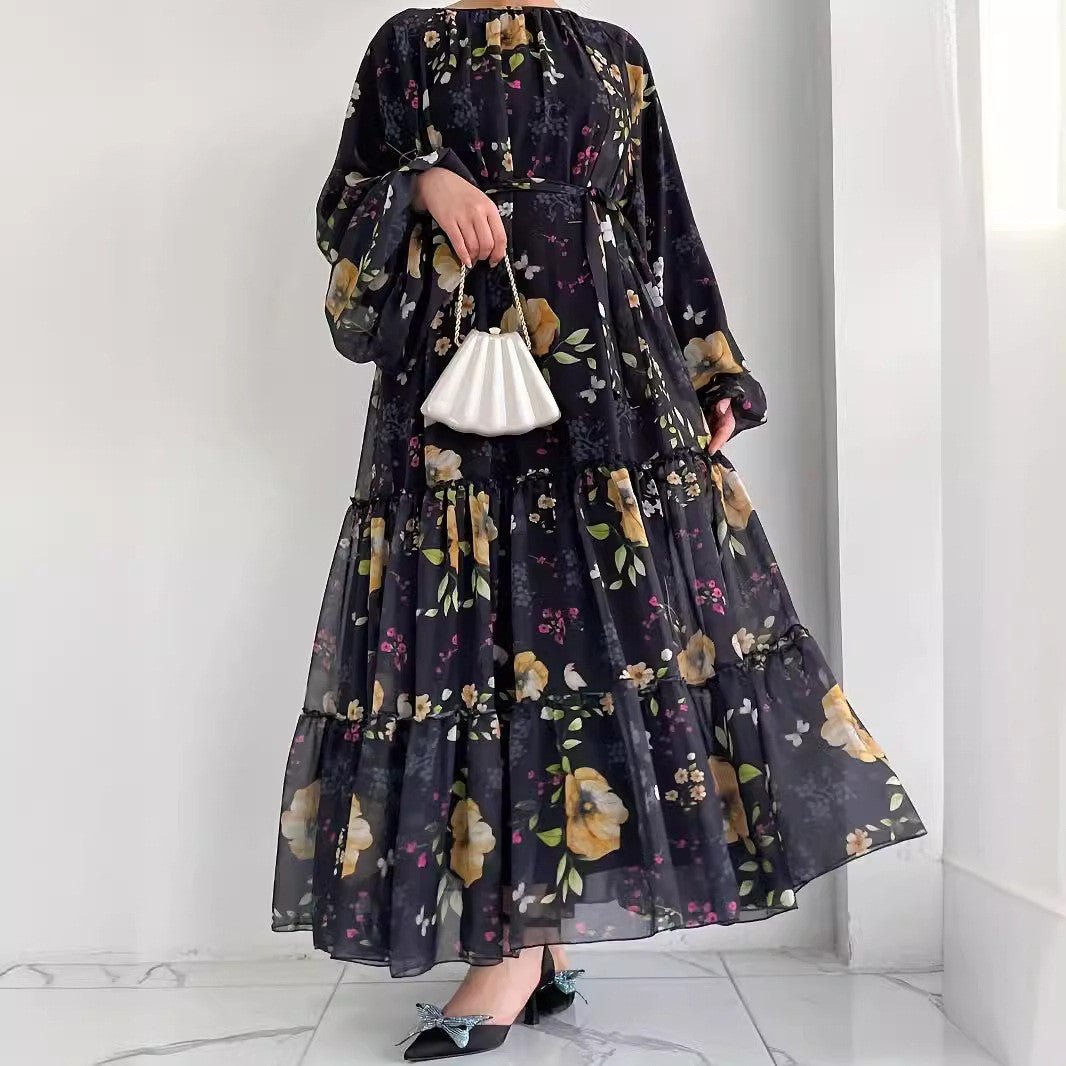 Floral Chiffon Dress with Tiered Ruffle Skirt(MA401)