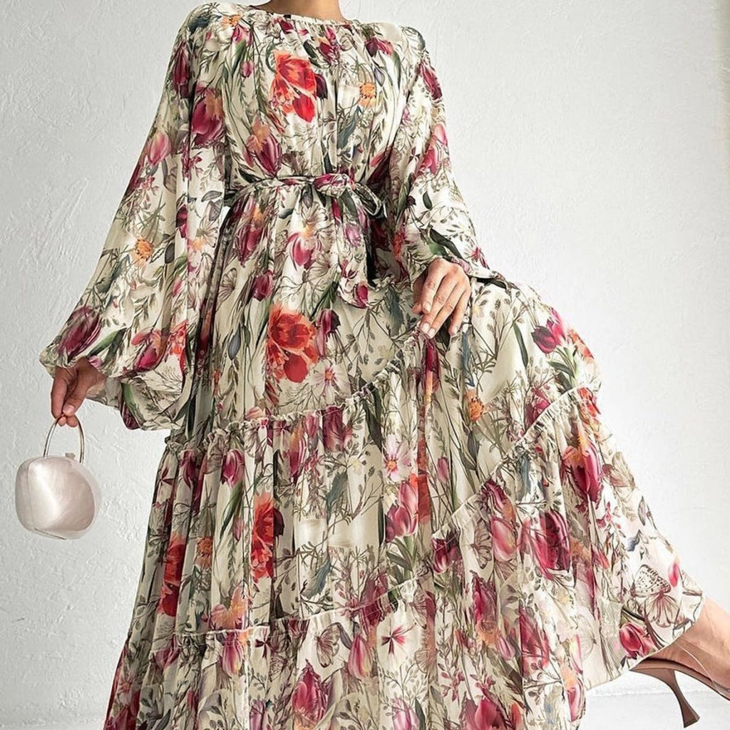 Floral Chiffon Dress with Three-Tier Ruffle Skirt (MA407)