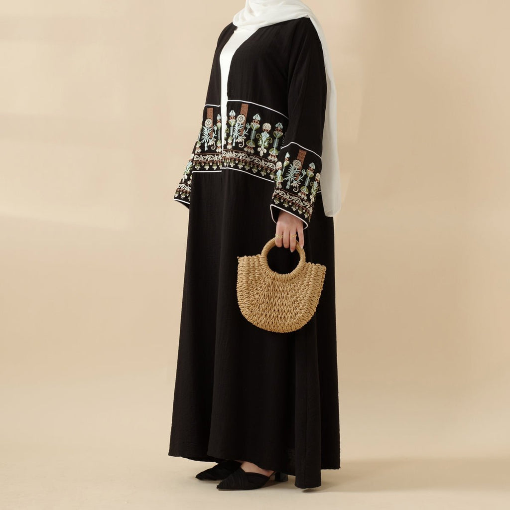 Floral Embroidered Crepe Open Abaya (MOA128)