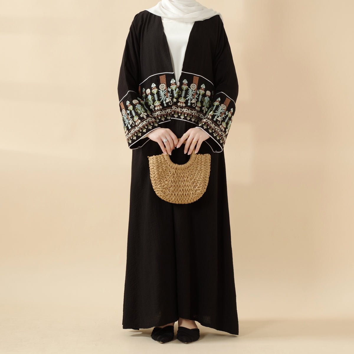 Floral Embroidered Crepe Open Abaya (MOA128)