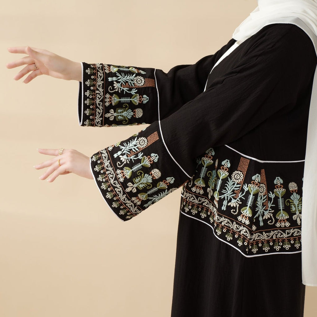 Floral Embroidered Crepe Open Abaya (MOA128)