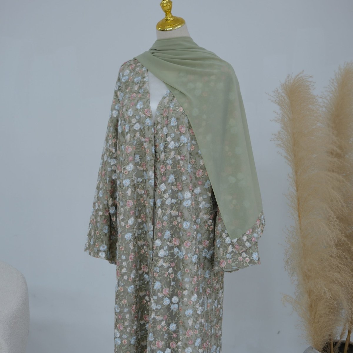 Floral Embroidered Mesh Open Abaya & Hijab Set(MOA321)