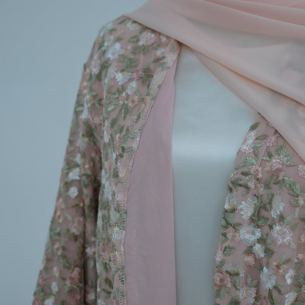 Floral Embroidered Mesh Open Abaya & Hijab Set(MOA321)