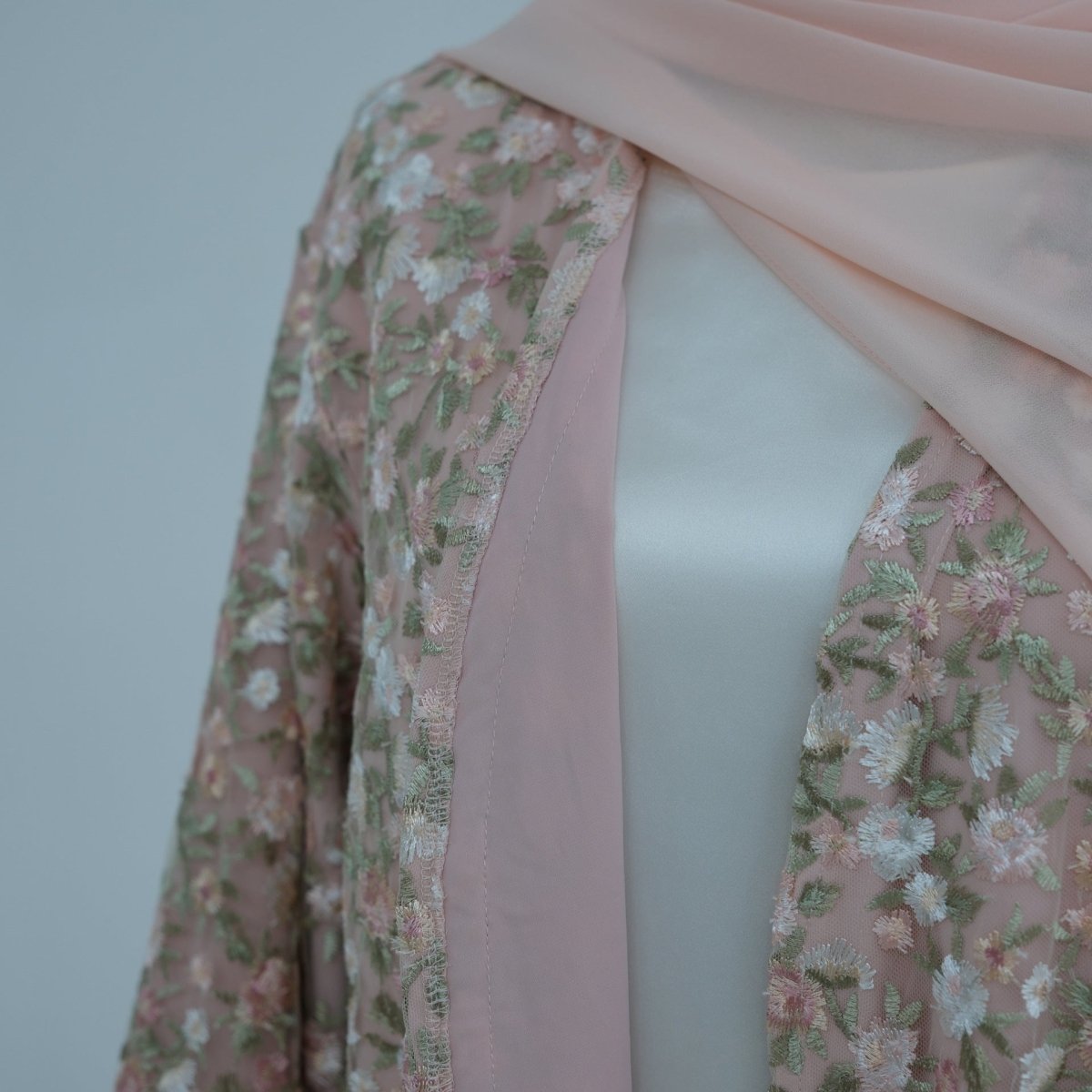 Floral Embroidered Mesh Open Abaya & Hijab Set(MOA321)