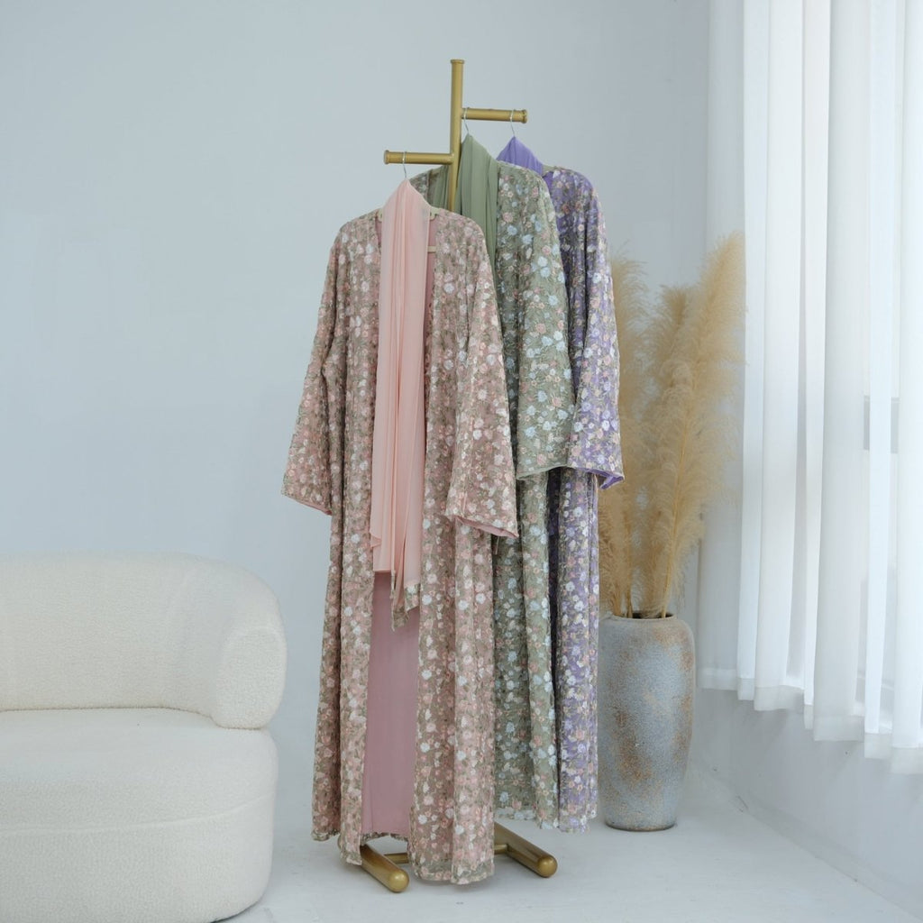 Floral Embroidered Mesh Open Abaya & Hijab Set(MOA321)