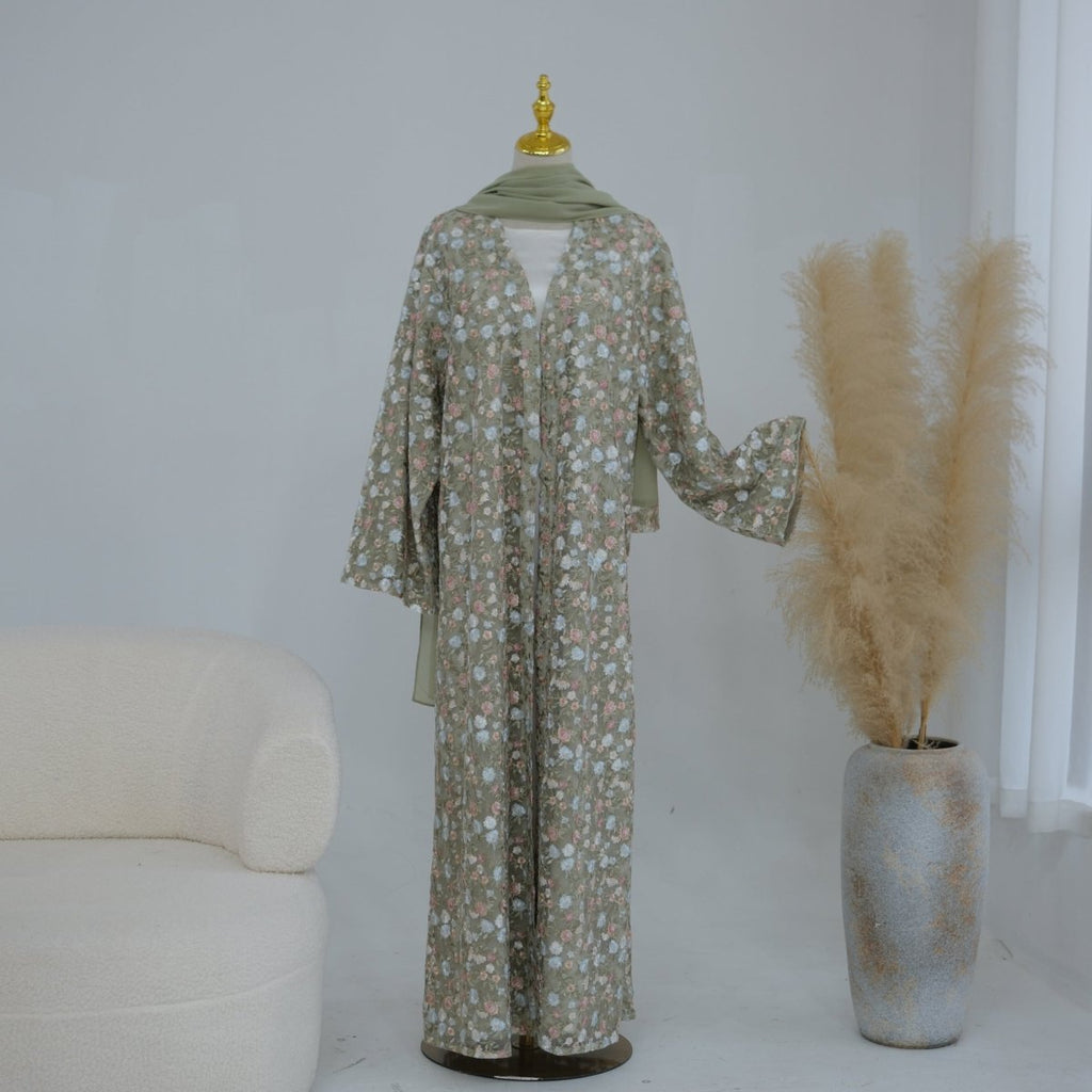 Floral Embroidered Mesh Open Abaya & Hijab Set(MOA321)