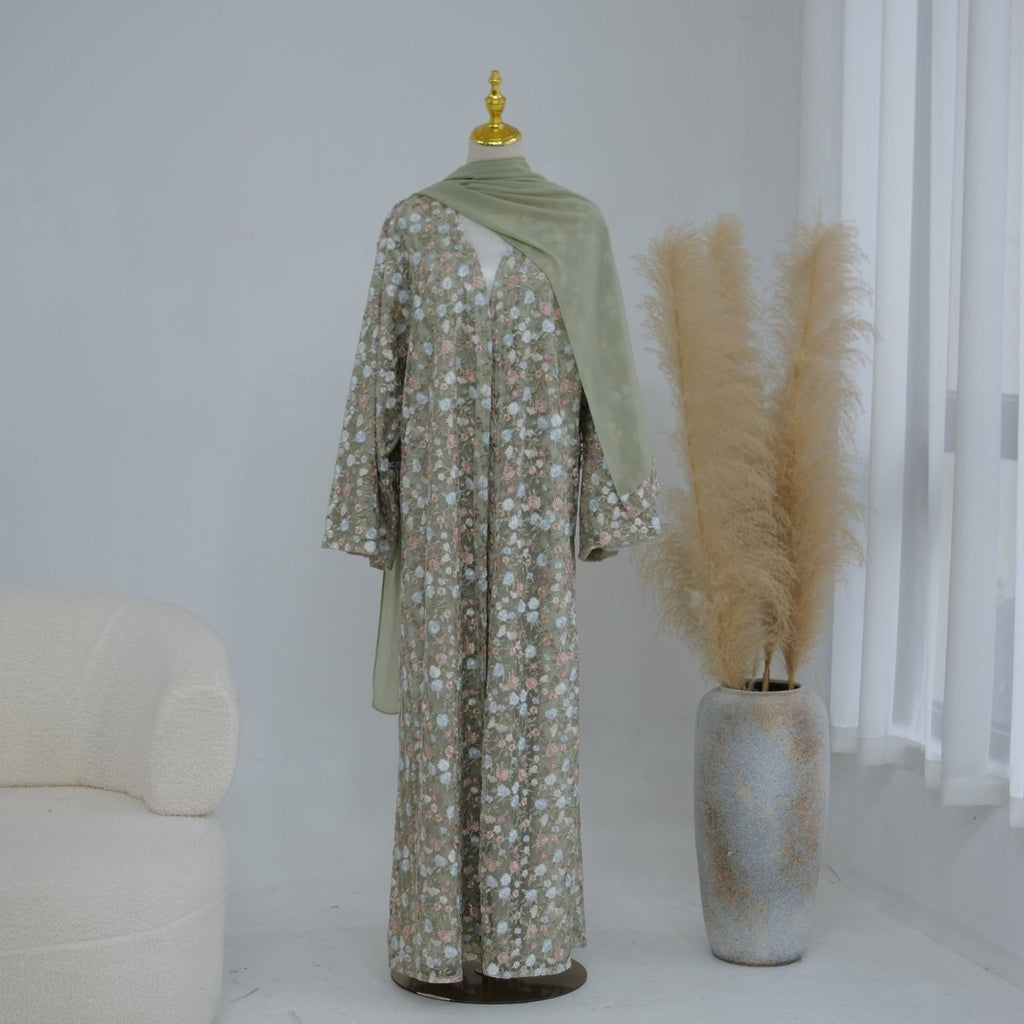 Floral Embroidered Mesh Open Abaya & Hijab Set(MOA321)