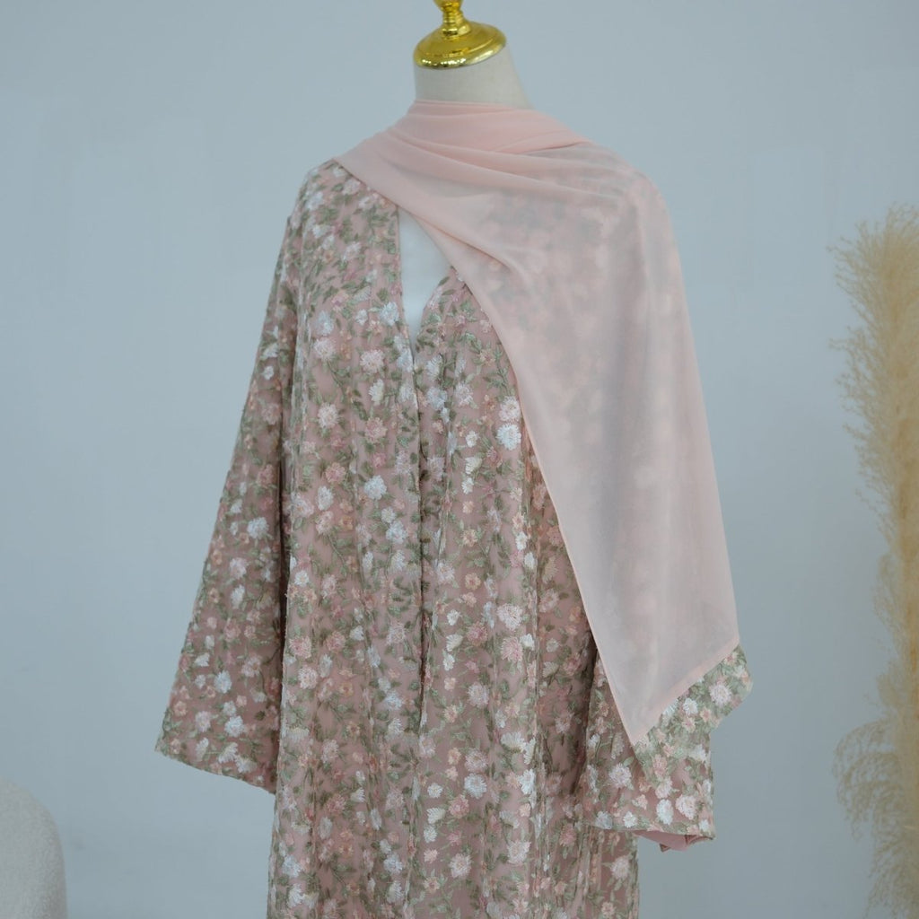 Floral Embroidered Mesh Open Abaya & Hijab Set(MOA321)