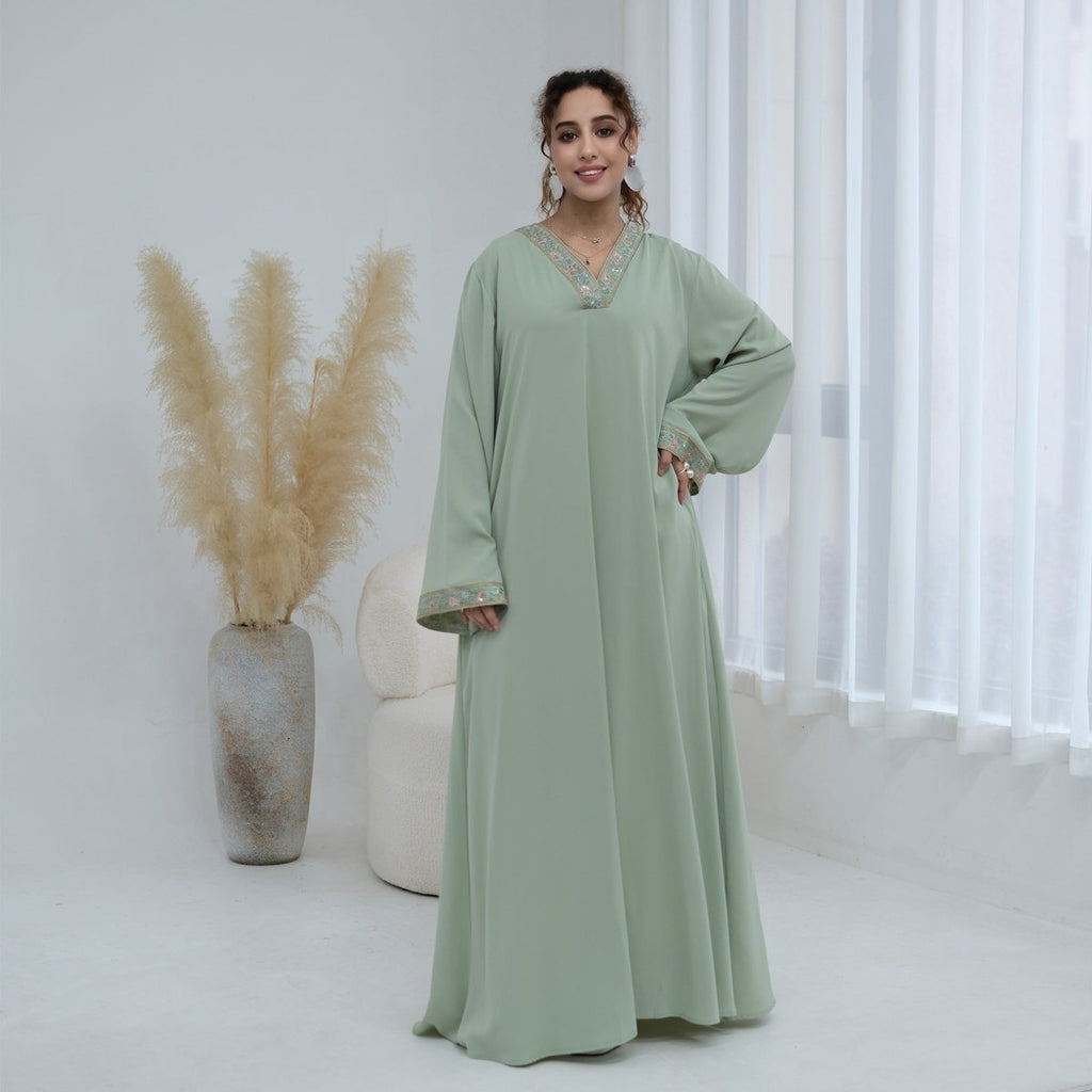 Floral Embroidered V-Neck Nida Maxi Dress(MA448)