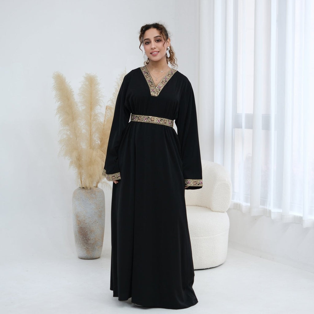 Floral Embroidered V-Neck Nida Maxi Dress(MA448)