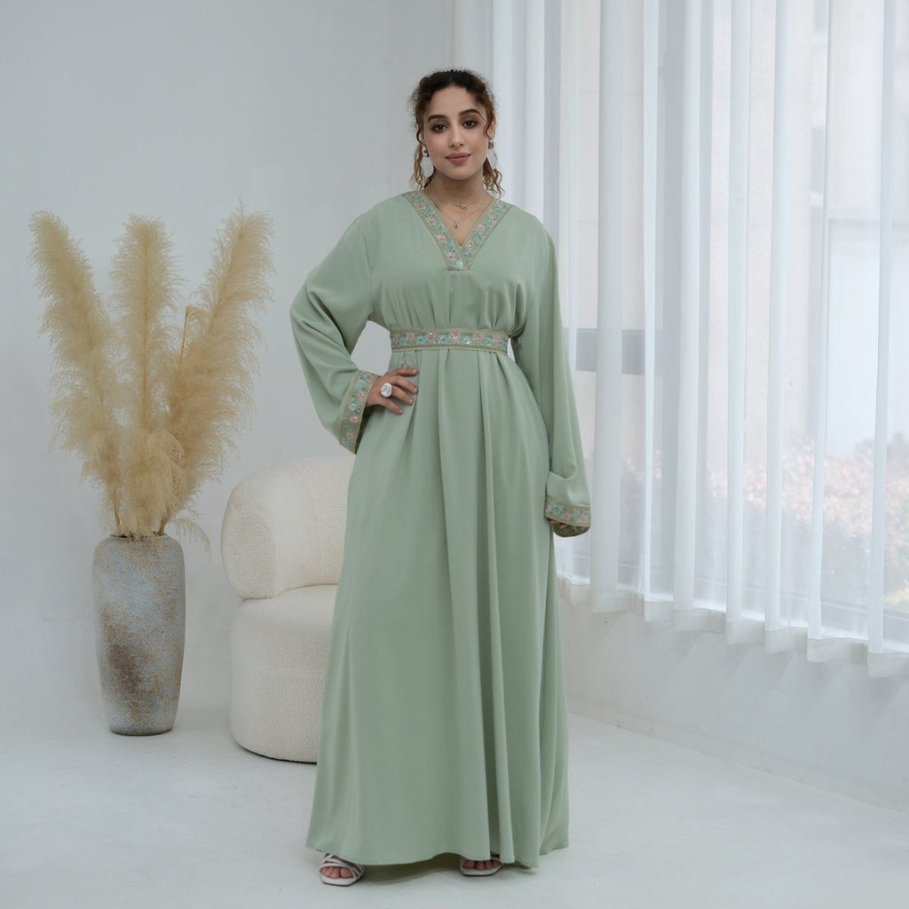 Floral Embroidered V-Neck Nida Maxi Dress(MA448)