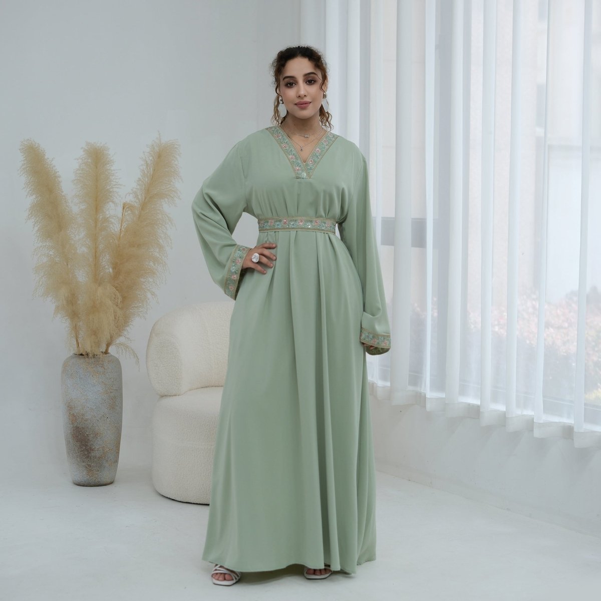 Floral Embroidered V-Neck Nida Maxi Dress(MA448)